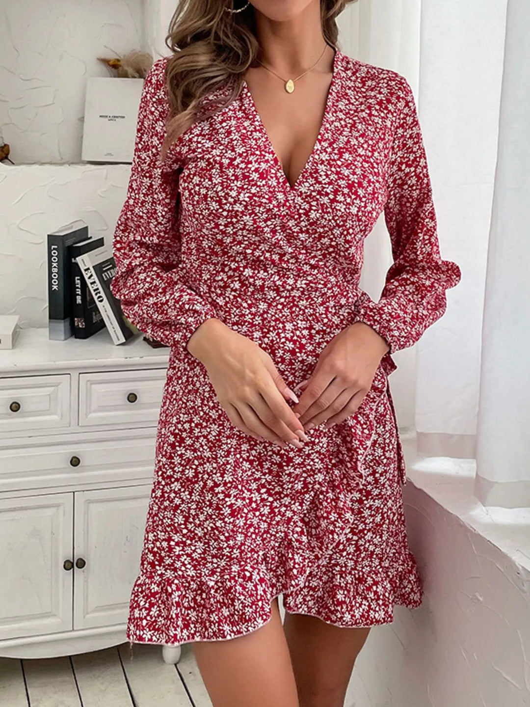 Floral Wrap Mini Dress in Wine Red – Modevelle