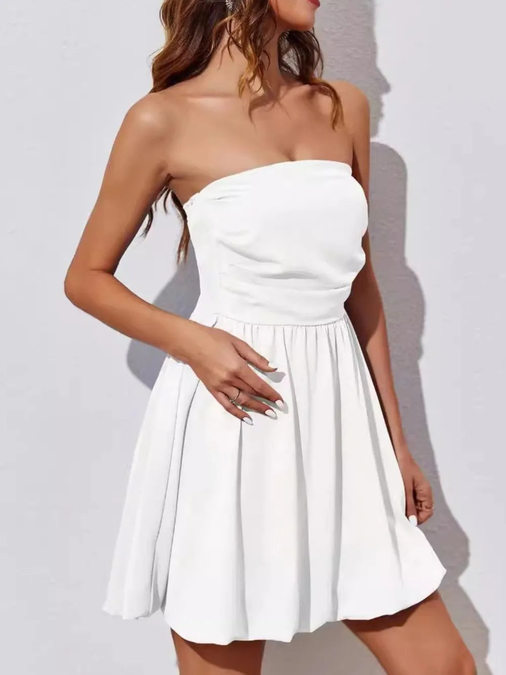 Ruched Tube Mini Dress in White – Modevelle