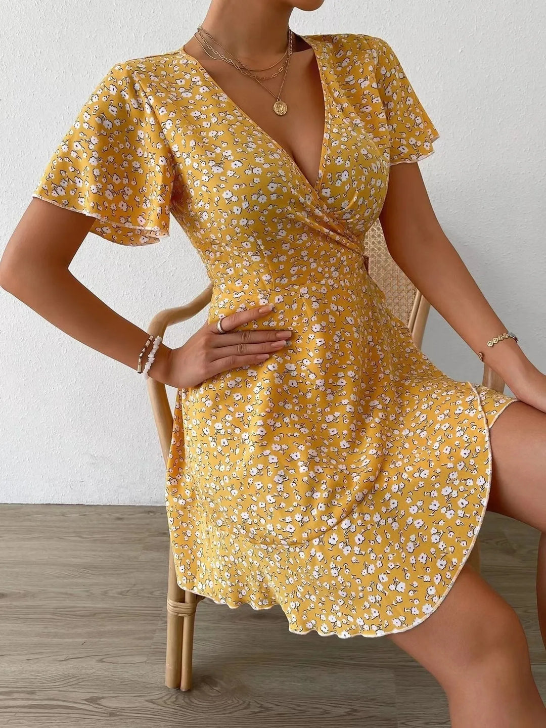 Floral Flutter Sleeve Wrap Mini Dress – Modevelle