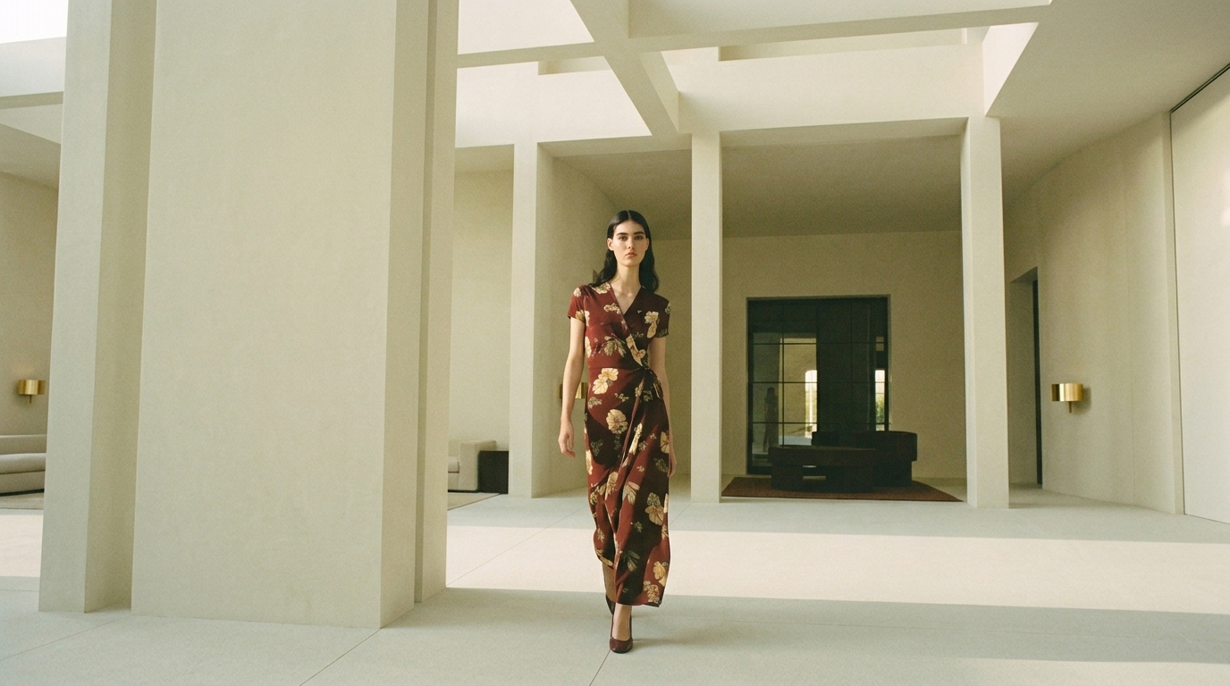 Modevelle hero — woman centered in wine-red floral wrap dress, cream architectural backdrop